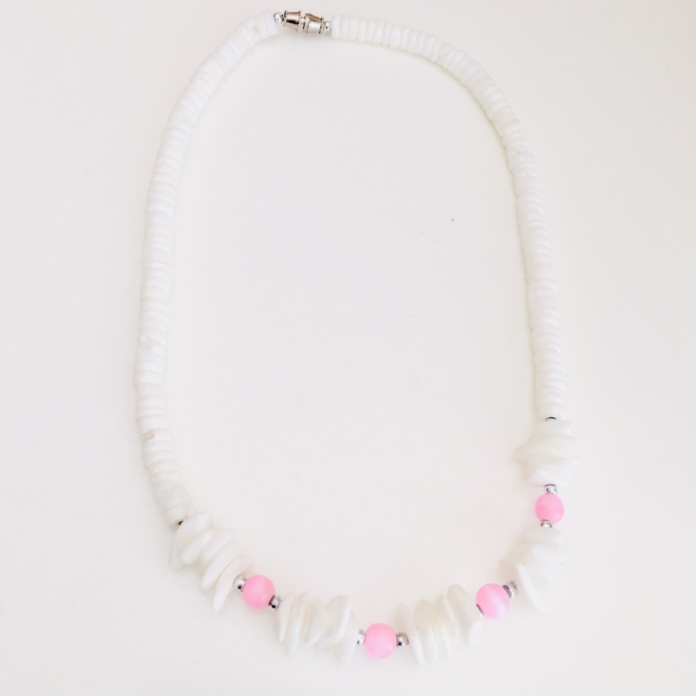 Hawaiian Women's White Puka Shell & Pink 16" Beaded Necklace